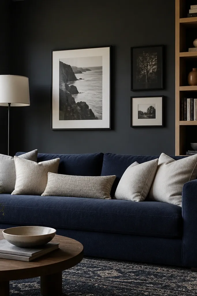 An ink-blue sofa against dark walls, white oak open shelving with books and ceramics, black picture frames on the wall, and a tall floor lamp with a white shade. A dark rug with a subtle pattern and cream pillows complete the look.