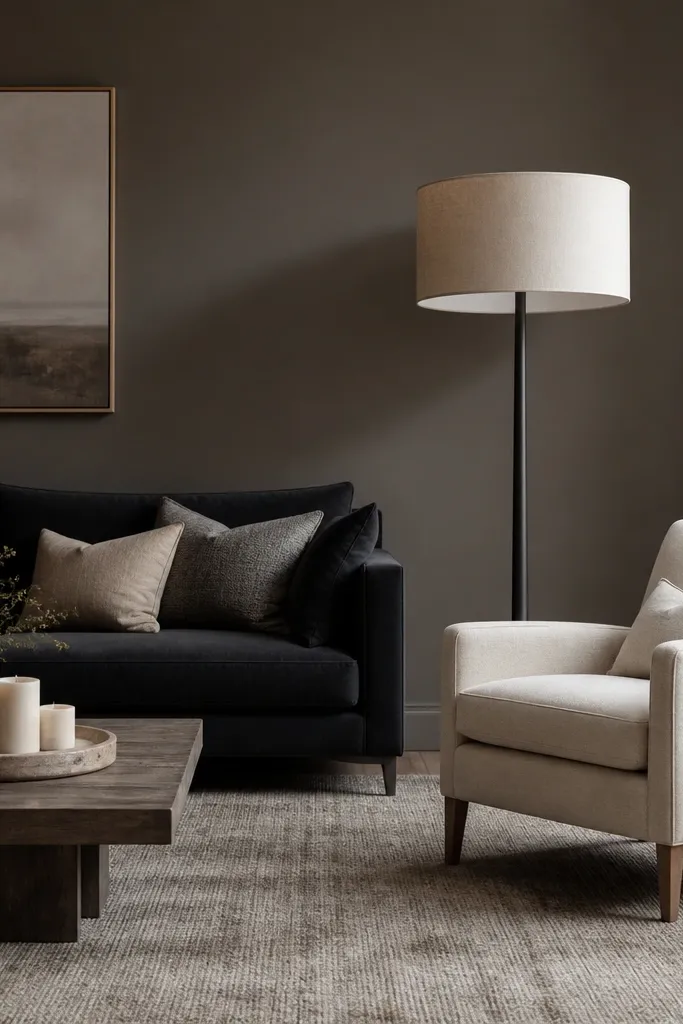 Dark taupe walls, a sofa in near-black, a light slipcovered armchair with wooden legs, and an oversized drum-shade floor lamp. A large textured rug in taupe and a coffee table with a tray and candles sit in front.