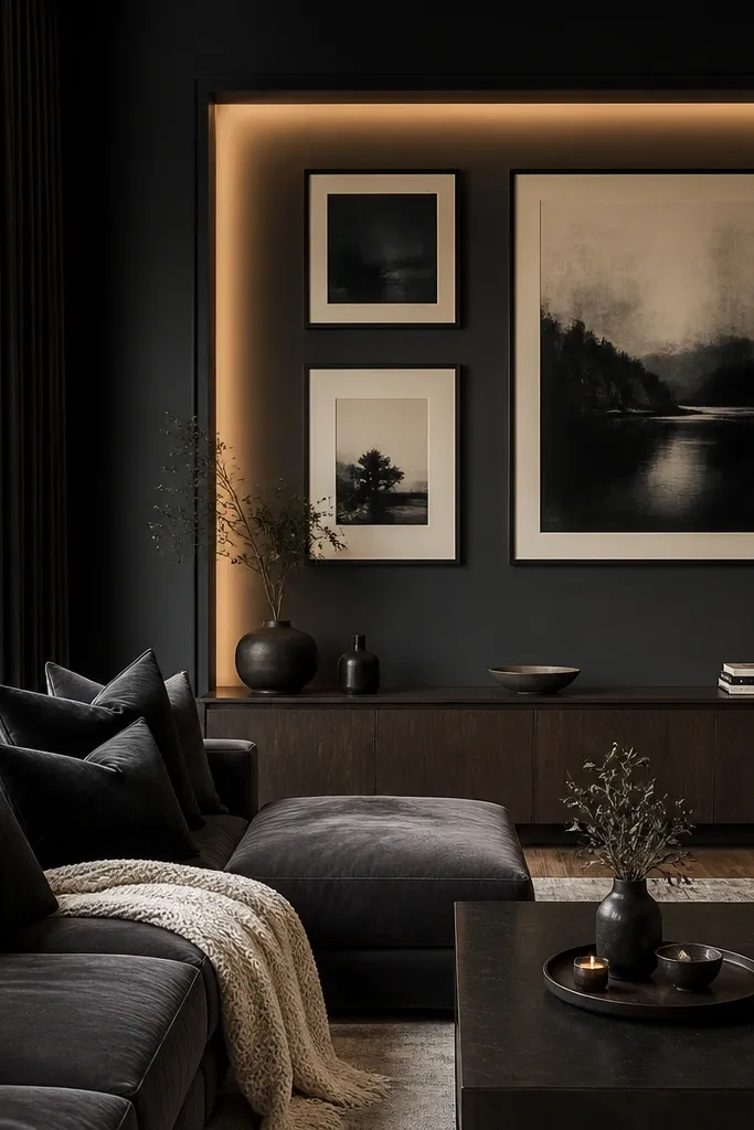 A smoky black media wall with framed art, a warm LED strip glowing softly behind the art, dark velvet curtains framing a window, and a low console with dark wood. The seating includes dark velvet pillows and a cream knit throw.