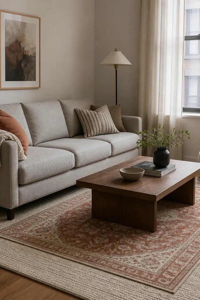 A small flat living room with a light grey sofa. Two rugs overlap: a flatweave cream rug beneath the front legs and a smaller rust-and-ivory patterned rug centered under a coffee table. A floor lamp stands in the far corner, and a chunky knit throw sits on the sofa arm.