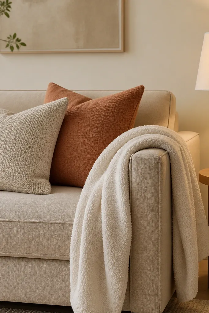 A beige sofa with a white boucle throw draped over the right arm. Two cushions match: one in soft oatmeal knit and one in a muted terracotta fabric. A small wooden side table holds a ceramic lamp with a warm shade.