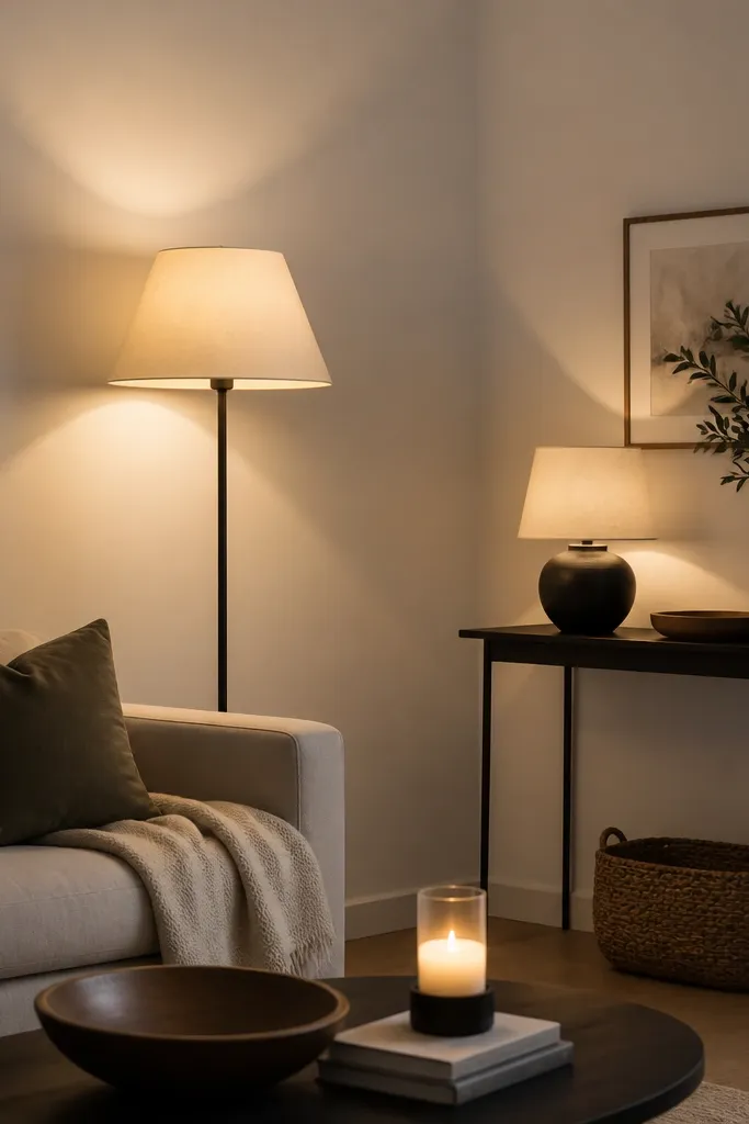 A living room corner with three light sources: a floor lamp near the sofa, a small table lamp on a narrow console, and a candle-style LED on a coffee table. The walls are off-white, and the light creates a soft triangle across the corner.