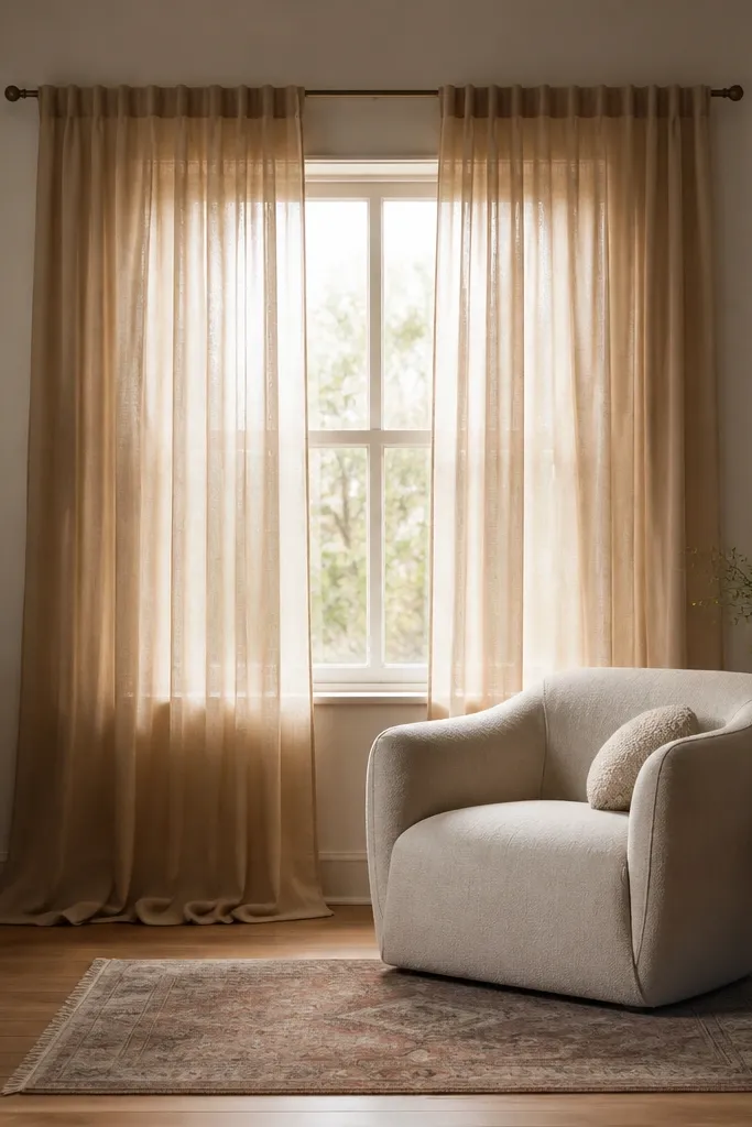 A window in a flat living room with sheer-but-warm curtains hung from a tension rod. The curtains go slightly beyond the window width and pool lightly on the floor. A small rug and a soft armchair sit beneath.