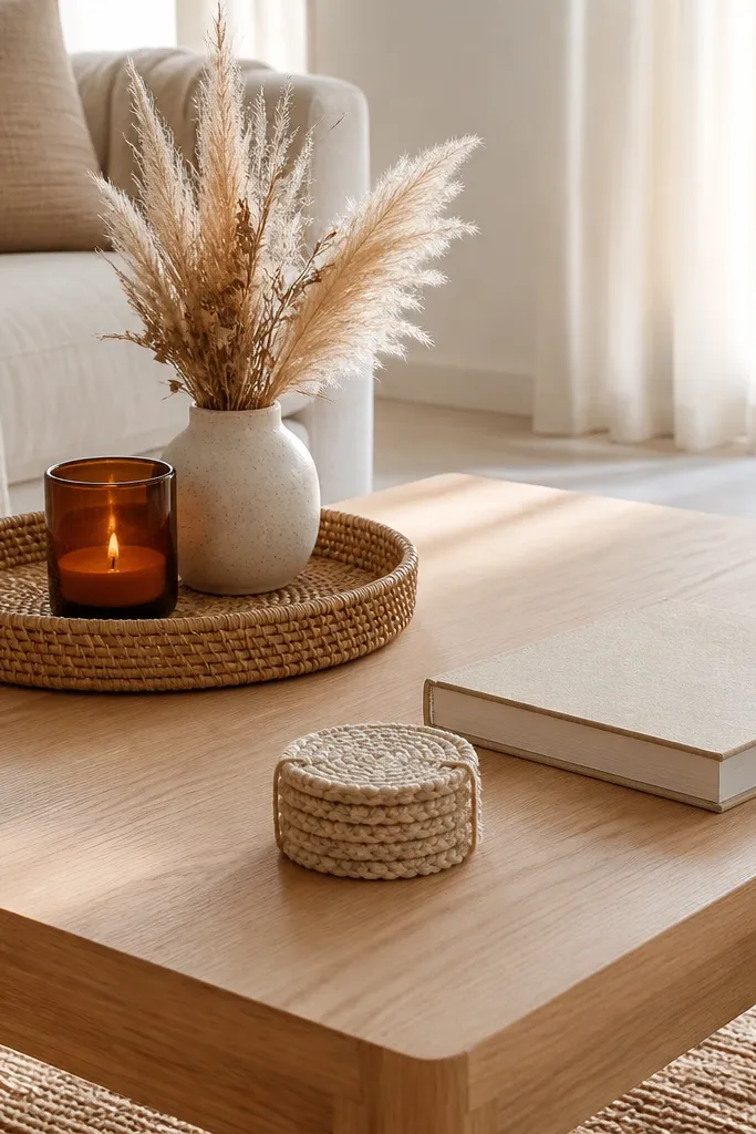 A light wood coffee table with a woven rattan tray. On it sit a small amber glass candle holder and a ceramic vase with dried pampas grass. The rest of the table is clear except for a thick book and a knitted coaster set.