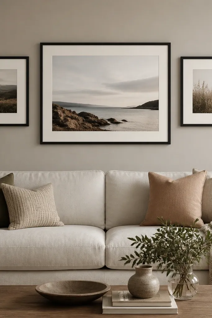 Above a sofa, a gallery of three frames in a warm grid: a large landscape print in the centre and two smaller square prints on either side. Frames are matte black with off-white mats. The wall is a soft greige.