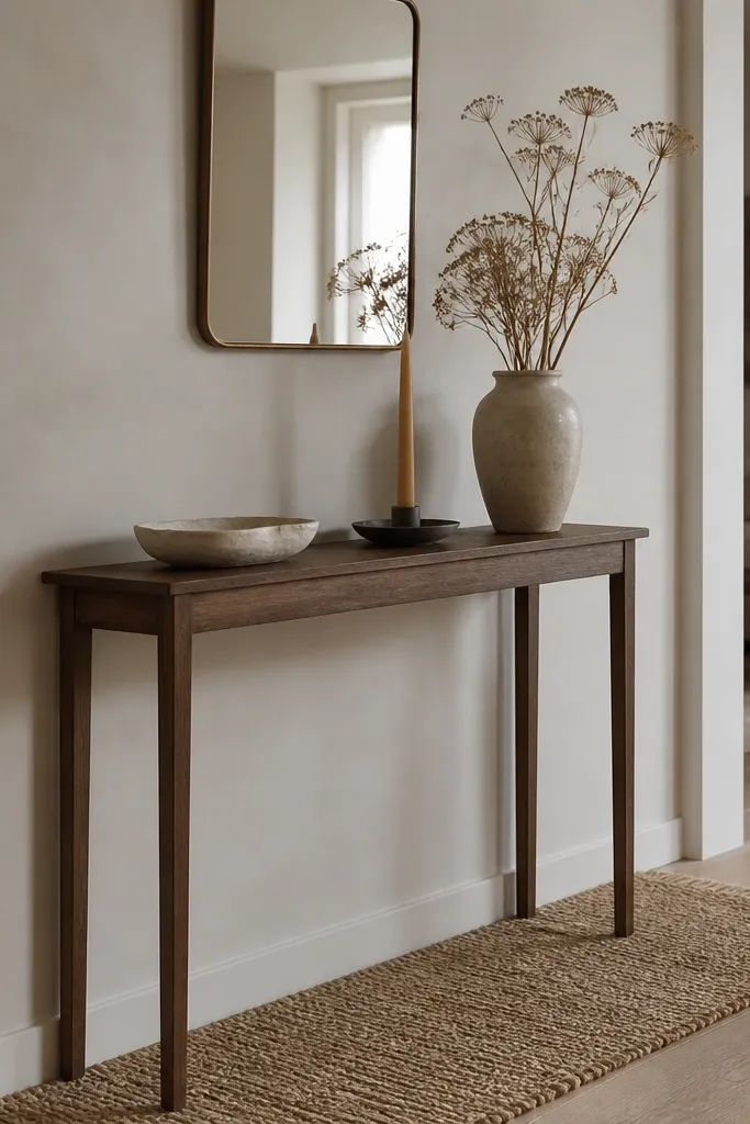 A narrow 30 cm console table against a wall. A small mirror sits above it. On top are a ceramic tray, a tall candle, and a vase with dried stems. A woven runner runs under the console.