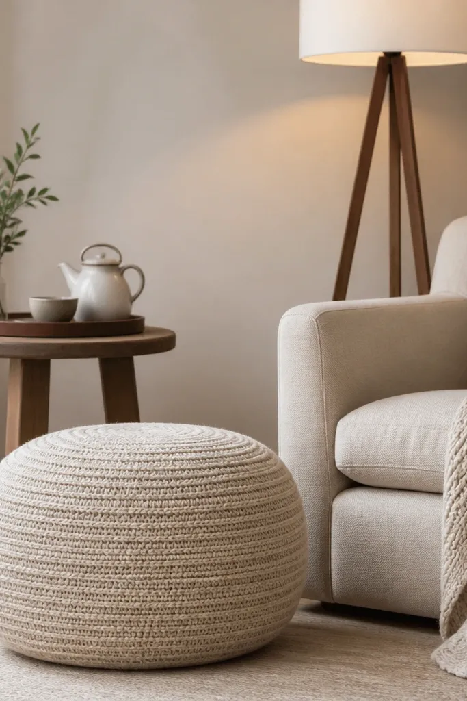 A knitted pouf in oat colour placed beside an armchair. A small tray with tea cups sits on a low side table nearby. The pouf has a subtle striped knit texture and sits near a corner lamp.