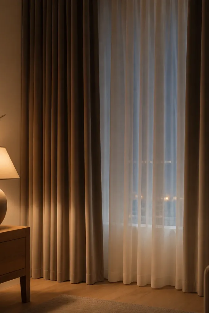 A window with two layers: sheer white curtains in front and thicker blockout curtains behind. At night, the blockout layer is open just enough to show the sheer glow. Warm lamp light spills into the room.