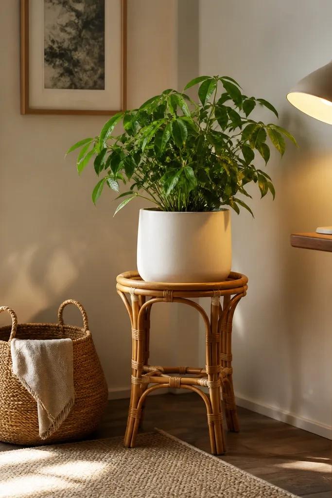 A plant corner with a rattan plant stand holding a medium green plant in a cream ceramic pot. A woven basket sits on the floor nearby. A warm table lamp points toward the plant.