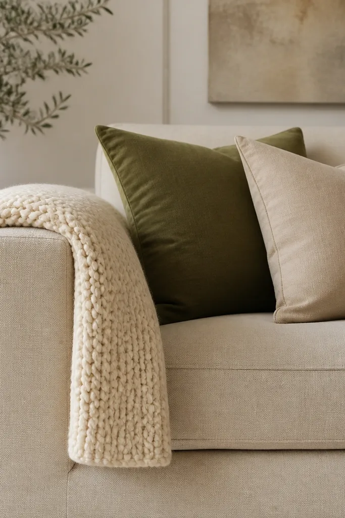 A sofa with a folded throw draped over the left arm in a clean, even fold. The throw is a chunky knit in warm cream. Two cushions sit behind it: one olive and one beige.
