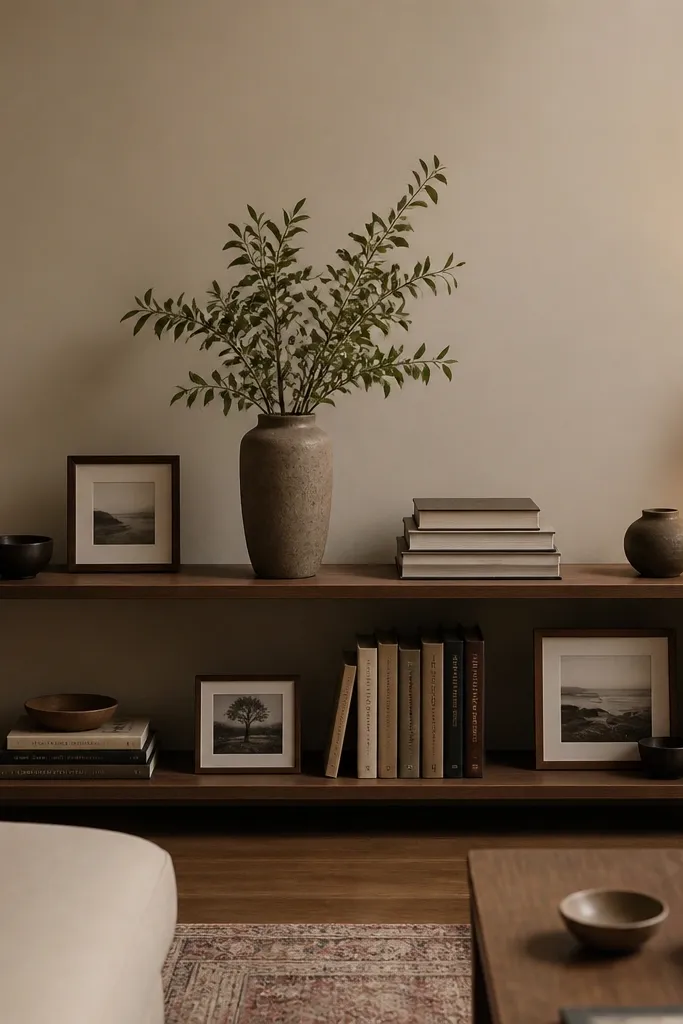A low bookshelf with a mix of stacked books and framed photos. Items are spaced with one taller vase on the top shelf and shorter objects at the ends. Warm lighting from a small lamp sits beside it.