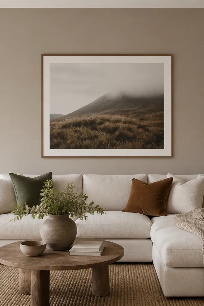 A living room wall with a matte painted section behind the sofa. The paint is warm greige, and the wall looks smooth with no shine. A large art print hangs centered above a sofa.