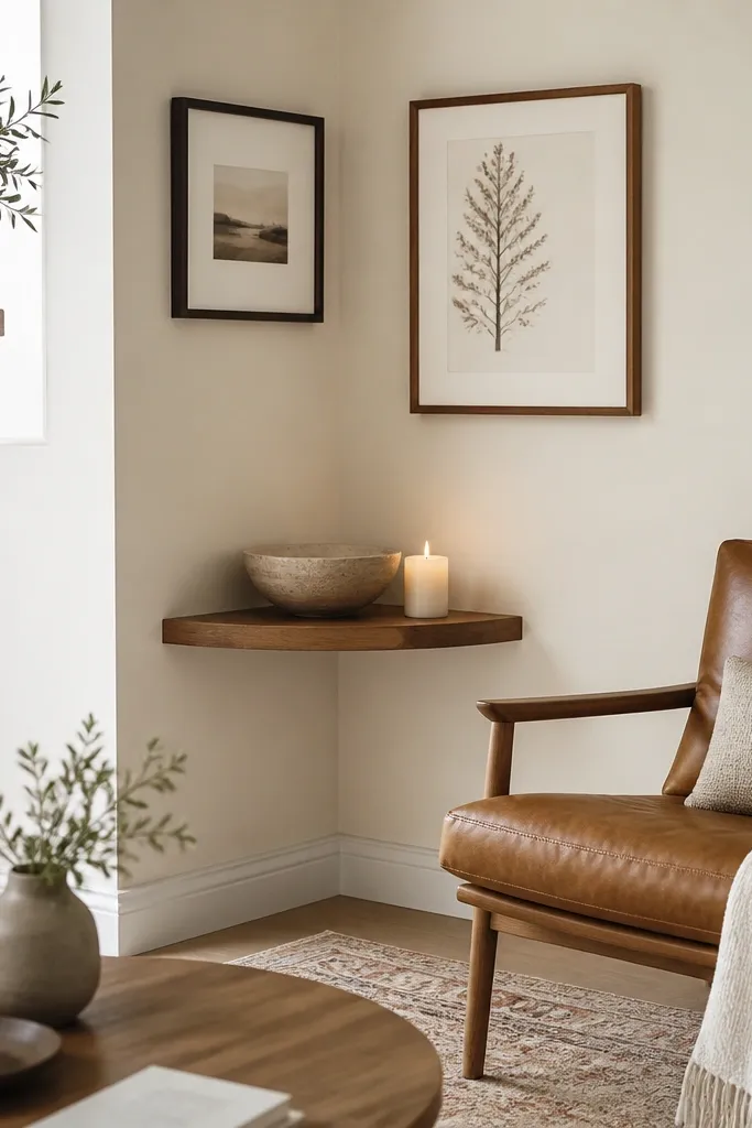 A corner with a small floating shelf holding a ceramic bowl and a candle. Above it, framed prints hang using removable hooks. The wall is light and warm, and a rug sits under the seating.