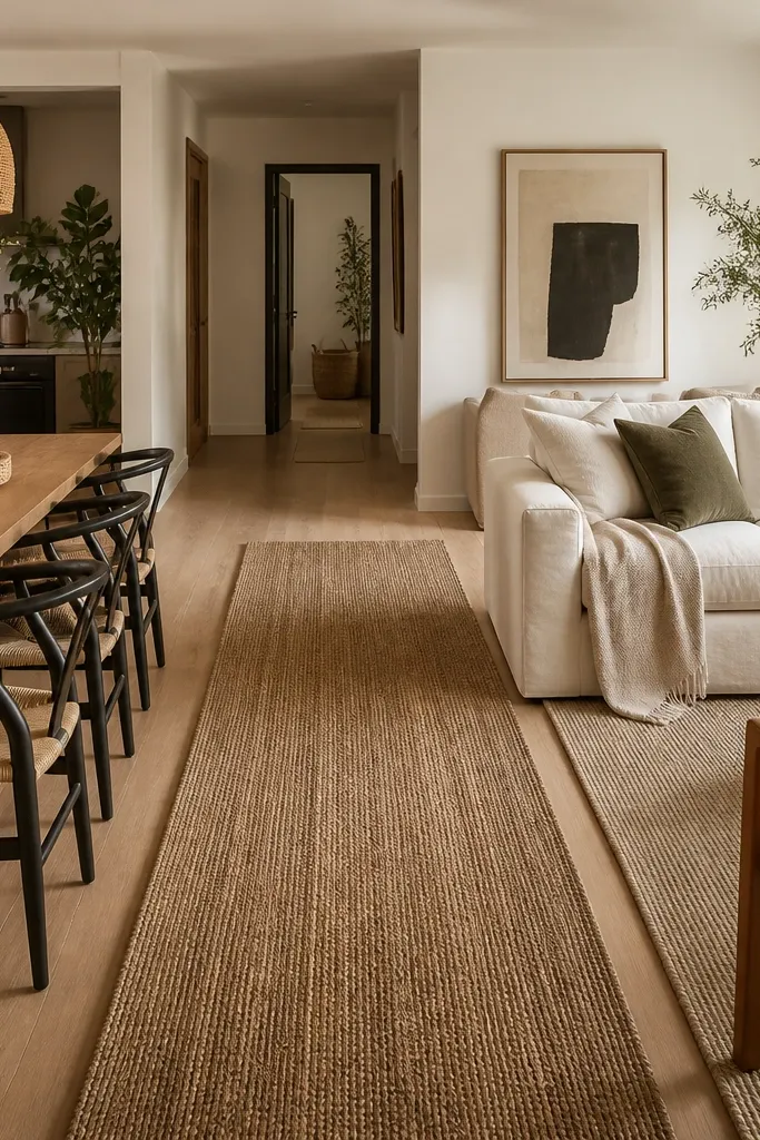 An open-plan flat living room with a woven runner rug running between dining and lounge areas. Chairs are arranged so the runner guides the path. Warm pendant light hangs above the dining area.