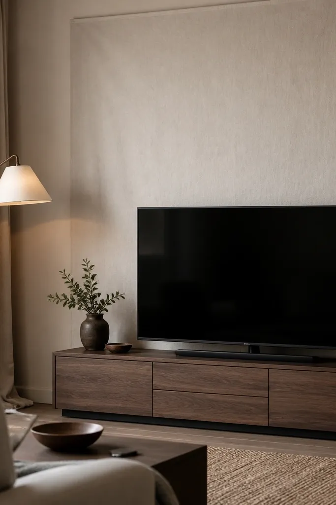 A TV on a low stand with a fabric backdrop behind it. The fabric is a warm oatmeal colour, stretched or draped neatly. There's a floor lamp to one side and a thick curtain panel nearby.