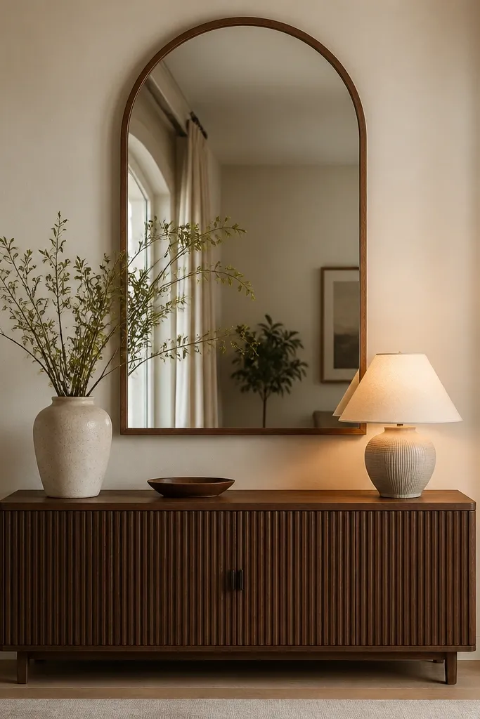 A tall arched mirror above a small sideboard. The mirror has a thin warm wood frame. On the sideboard are a ceramic vase, a small tray, and a warm table lamp.