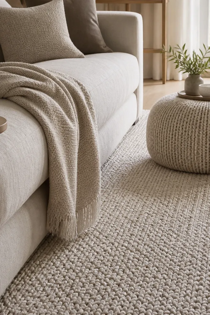 A thin flat carpet replaced by a thick knit-look rug runner beneath a sofa. The runner is oatmeal with subtle texture. A footstool sits on top, and a throw matches the rug tone.