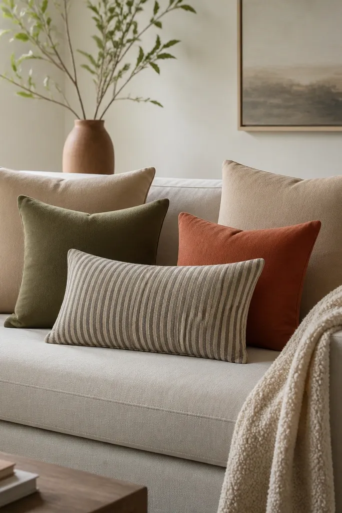A sofa with a neat cushion arrangement: two large square cushions in beige, two smaller cushions in olive and terracotta, and one lumbar cushion in a striped fabric. A boucle throw sits over the arm.