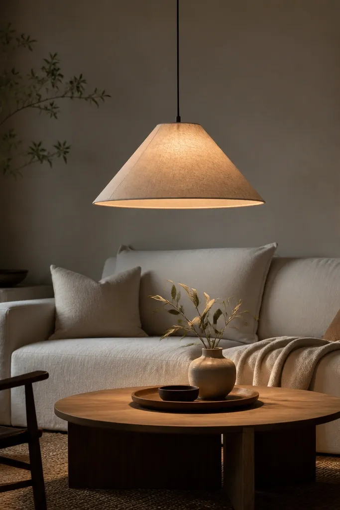 A pendant light with a linen shade hanging low over the seating area. The bulb is warm and diffused. Light creates a soft pool on a small coffee table with a tray.