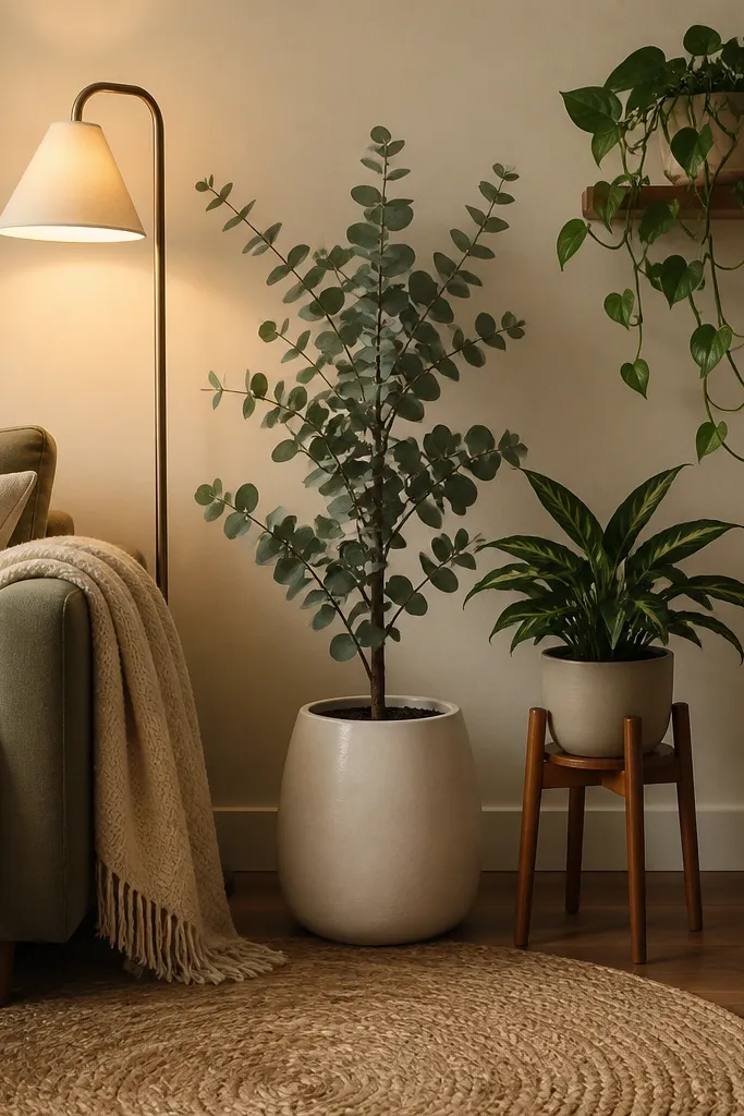 A living room corner with a light sage sofa, a cream boucle throw draped over the arm, a round jute rug beneath. Three plants sit together: a tall eucalyptus-like plant in a white ceramic pot on the floor, a smaller leafy plant on a mid-century wood plant stand, and a trailing plant hanging from a wall shelf. Warm floor lamp light creates a soft glow.