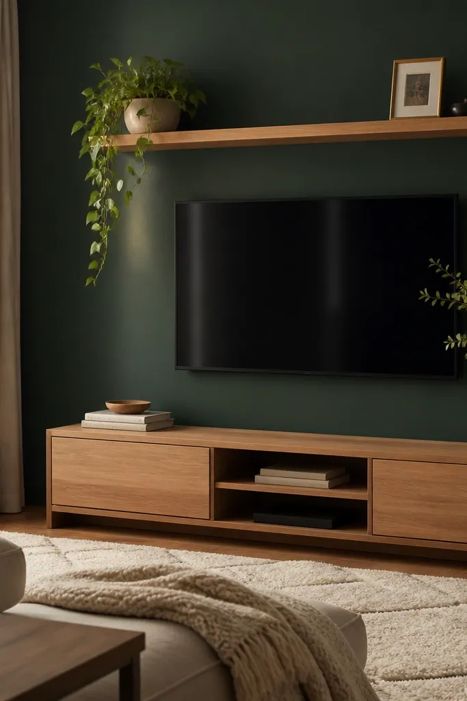 A living room TV wall painted deep bottle green. A slim media console in warm oak holds a few books. Above, a floating shelf displays a trailing pothos in a ceramic pot, with a small brass picture frame nearby. Under the shelf, a cream rug and a light knit throw soften the darker wall.