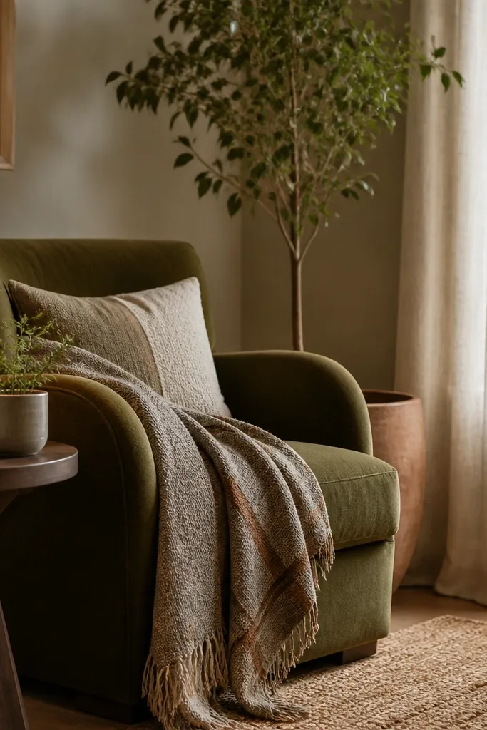 A cosy reading nook: an armchair in olive fabric, a small round side table in dark wood, and a floor plant in a tall terracotta pot. Sheer linen curtains hang beside a window, and a layered throw blanket sits on the chair. A warm table lamp glows, and a small plant sits on the side table in a stoneware cup.