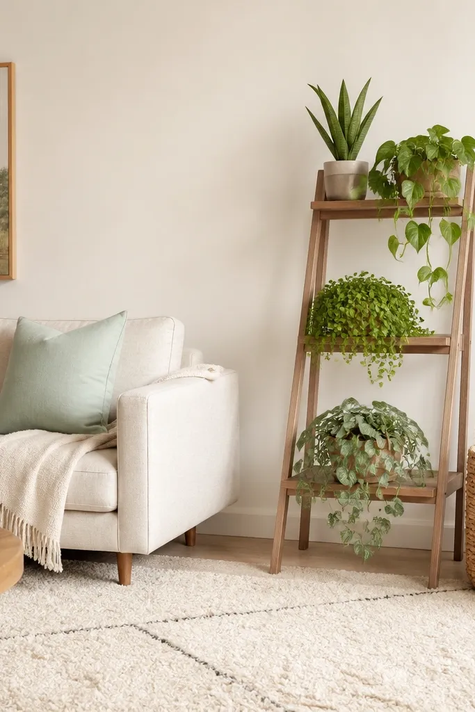 A living room with a thick cream rug and a simple sofa. A three-tier plant stand leans slightly against the wall, holding mint-green trailing plants and one upright plant. The wall is warm white, with a woven basket on the floor. A pastel mint cushion matches the plant vibe.