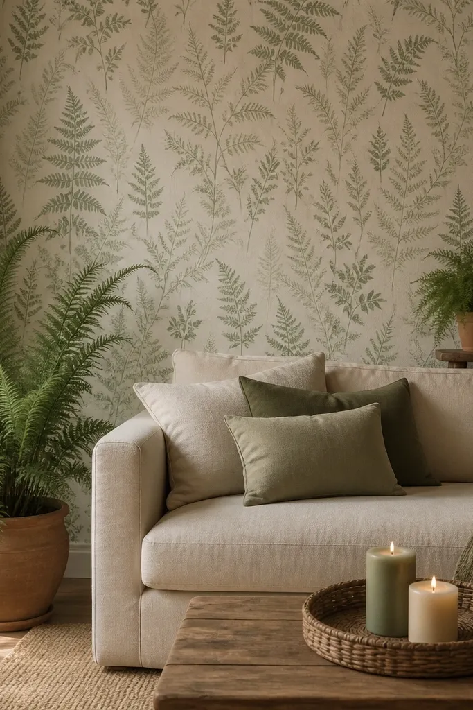 A feature wall covered in a subtle fern-pattern wallpaper print in soft green and beige. The sofa is oatmeal, and there's a terracotta pot on the floor holding a frondy fern. On a side table, a second fern sits in a smaller terracotta pot. A woven rattan tray holds candles, and warm light makes the greens look muted.