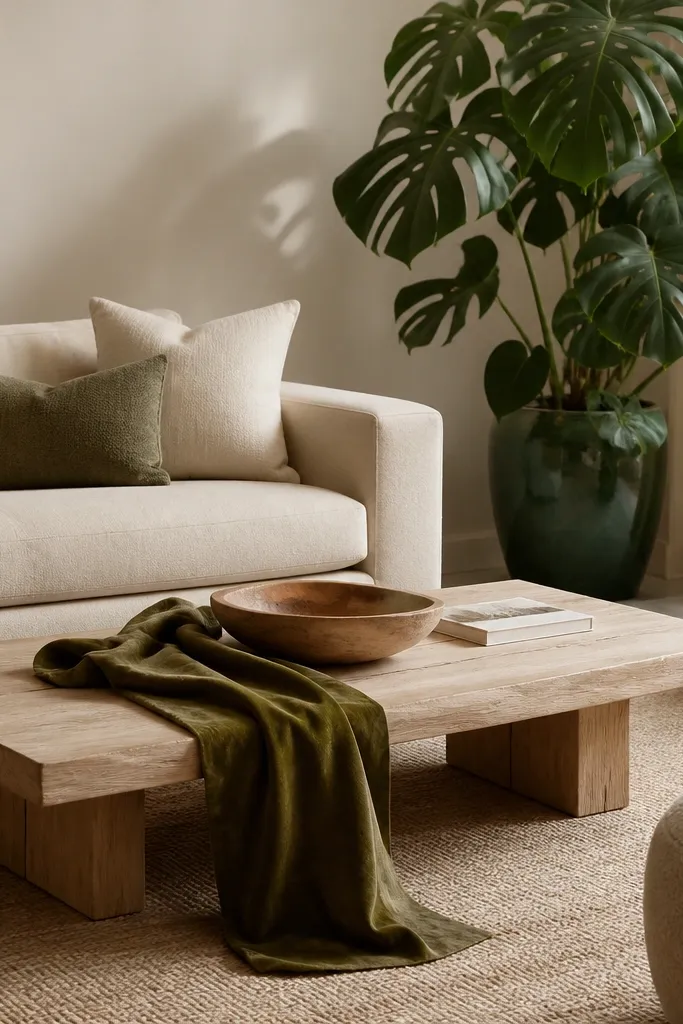 A low coffee table in light wood with a velvet olive throw folded across it. A large monstera sits in the corner in a dark green pot. The sofa is cream linen, with a couple of muted green and white cushions. A soft ottoman and a woven basket add texture.