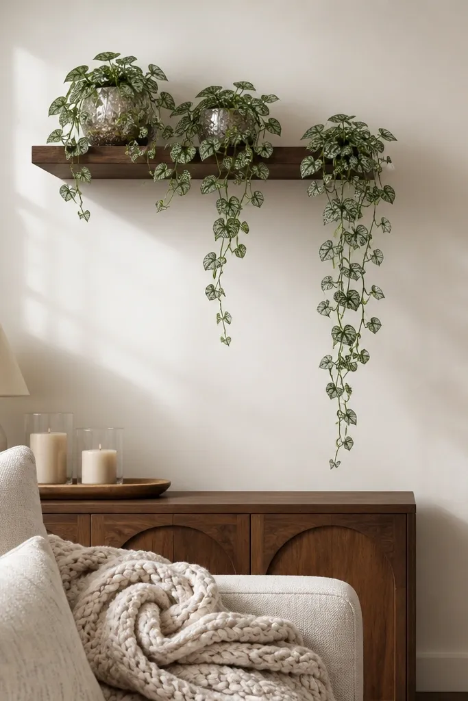 A walnut wall shelf holds three glass cachepots with trailing hoya vines. Each pot has a different height of vine, creating a staggered waterfall effect. The wall is a warm white, and below the shelf there's a small console with candles and a neutral lamp. A knit throw is draped on the sofa.