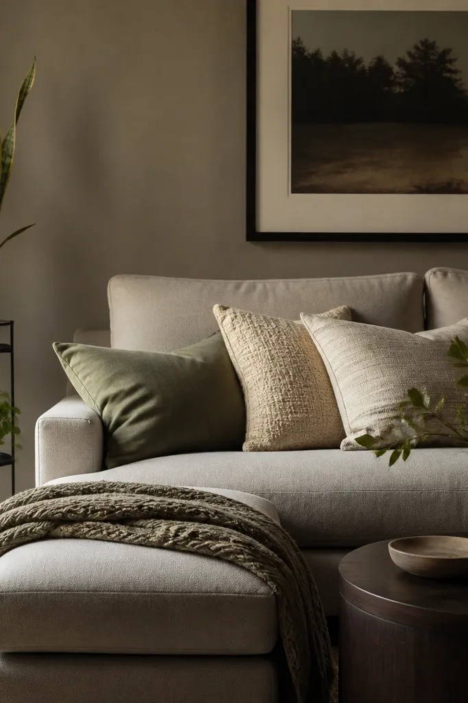 A black iron plant stand holds a tall snake plant and a small leafy plant. The sofa is light grey with sage and cream cushions layered. A textured throw is on the chaise, and a dark wood side table anchors the scene. The lighting is warm and low.