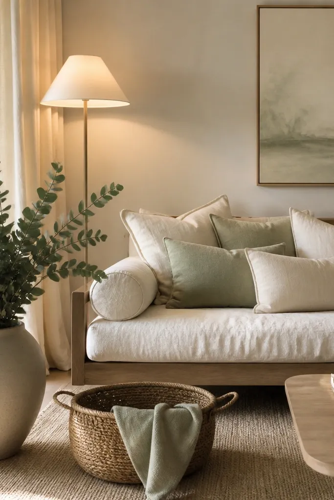 A living room with a sofa styled like a daybed: lots of linen cushions in cream and pale green. An oversized white pot holds eucalyptus stems on the floor near the seating area. A light rug and a woven basket sit nearby. Warm daylight and a floor lamp create a soft glow.