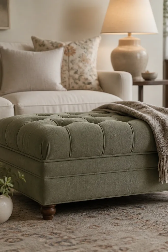 A tufted ottoman in sage-green fabric sits in front of a sofa. A small plant in a cream pot is placed at foot level on the floor, slightly to one side of the ottoman. There's a woven throw and a low rug with a subtle pattern. A warm lamp sits behind the ottoman.