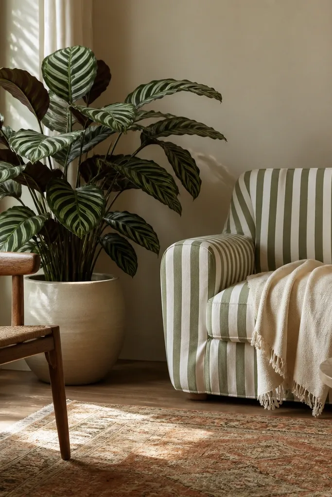 A sofa with green-and-white striped cushions and a cream throw. A calathea plant sits in a light ceramic pot near the window, its patterned leaves spreading wide. A simple wooden chair and a warm-toned rug fill the rest of the space.