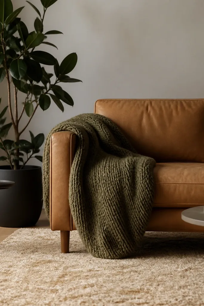 A caramel leather sofa with a chunky olive knit throw draped over one arm. A rubber plant in a matte dark pot stands beside the sofa. A small side table holds a ceramic vase with a single green stem. The rug is warm beige with a soft pile.