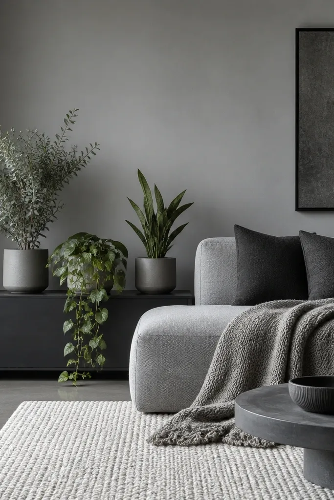 A monochrome grey living room with a grey sofa and charcoal accents. A single cluster of plants sits on a low console: a sage-toned plant, a trailing pothos, and a compact upright plant in matching pots. A cream rug and a grey knit throw soften the palette.
