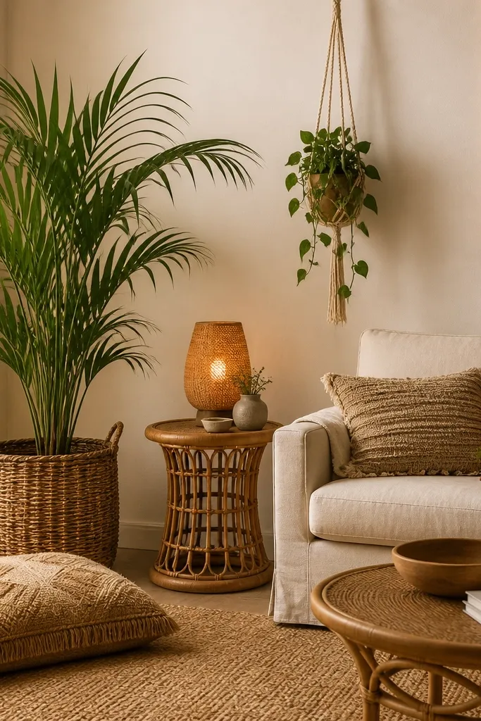 A boho-style living room with a jute rug and a neutral sofa. A tall palm-like plant sits in a wicker basket cachepot on the floor. Around it are a woven floor pillow, a rattan side table, and a warm amber lamp. A small trailing plant hangs from a macrame hanger.