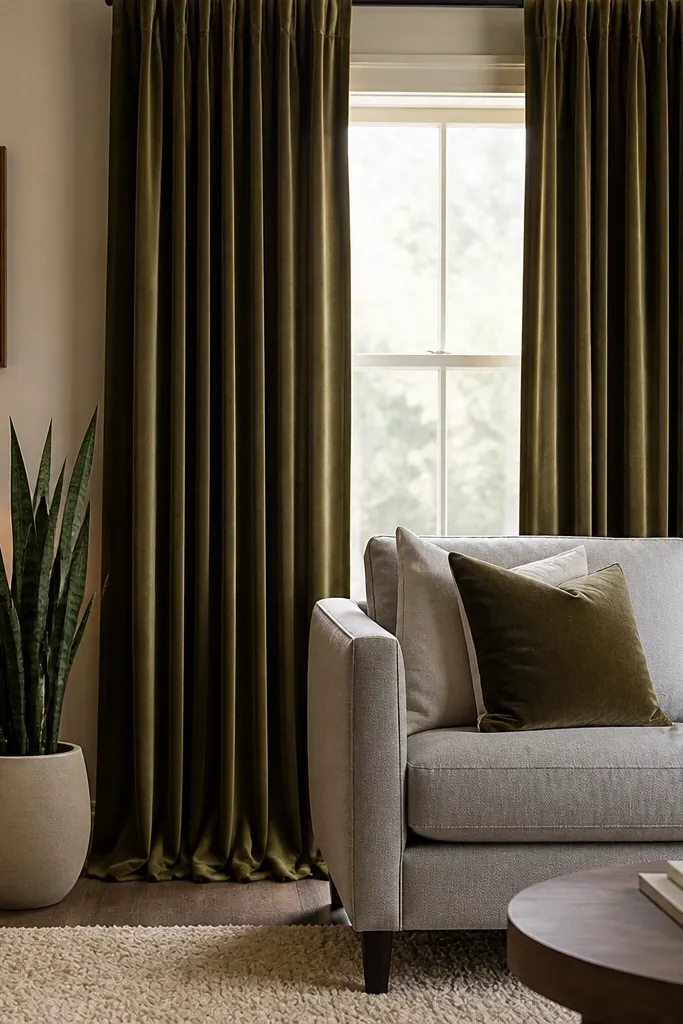 A window dressed with olive velvet curtains that pool slightly on the floor. A light grey sofa sits below. A white ceramic pot holds a tall snake plant on the side of the sofa. A warm lamp with a fabric shade glows, and a cream rug softens the base.