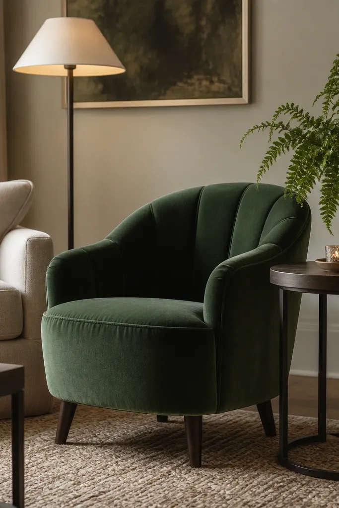 A forest green accent chair beside a small side table. A fern sits in an oval ceramic pot, with fronds spilling outward. The sofa is neutral, and the floor has a textured rug. A small tray with candles sits on the side table, and a warm lamp lights the corner.