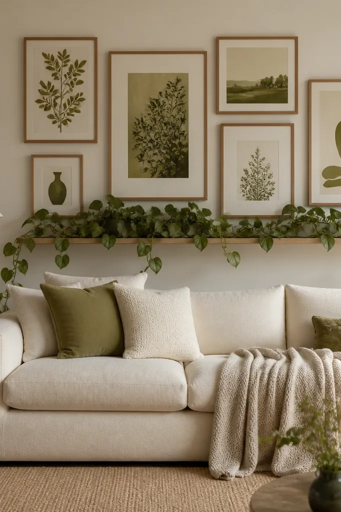 A wall gallery of framed prints in olive and cream tones above a sofa. A trailing philodendron sits on a shelf below the frames, with vines running down around the shelf edge. The sofa is cream, with a soft knit throw and a warm rug. A small floor lamp stands to one side.