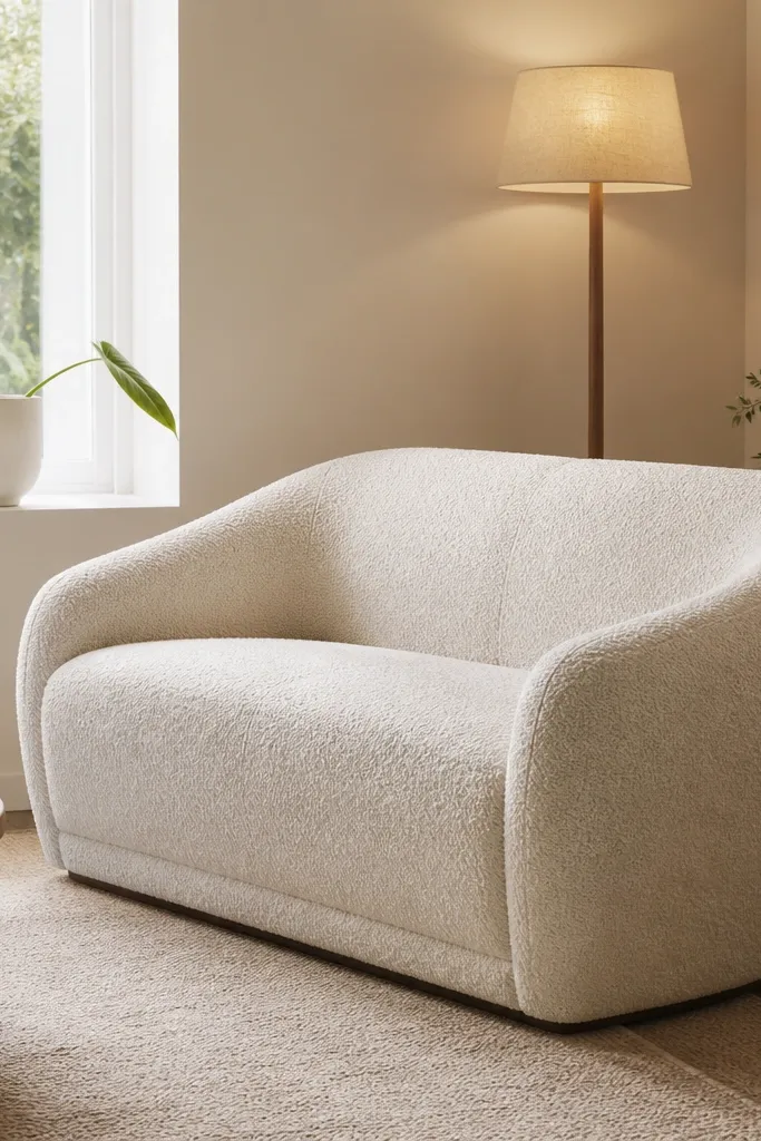 A cream boucle loveseat with curved arms. A plant sits on the window sill in a matte white pot, with one or two leaves reaching outward. There's a soft beige rug and a warm floor lamp. A second plant is on the floor in a neutral pot, but kept minimal.
