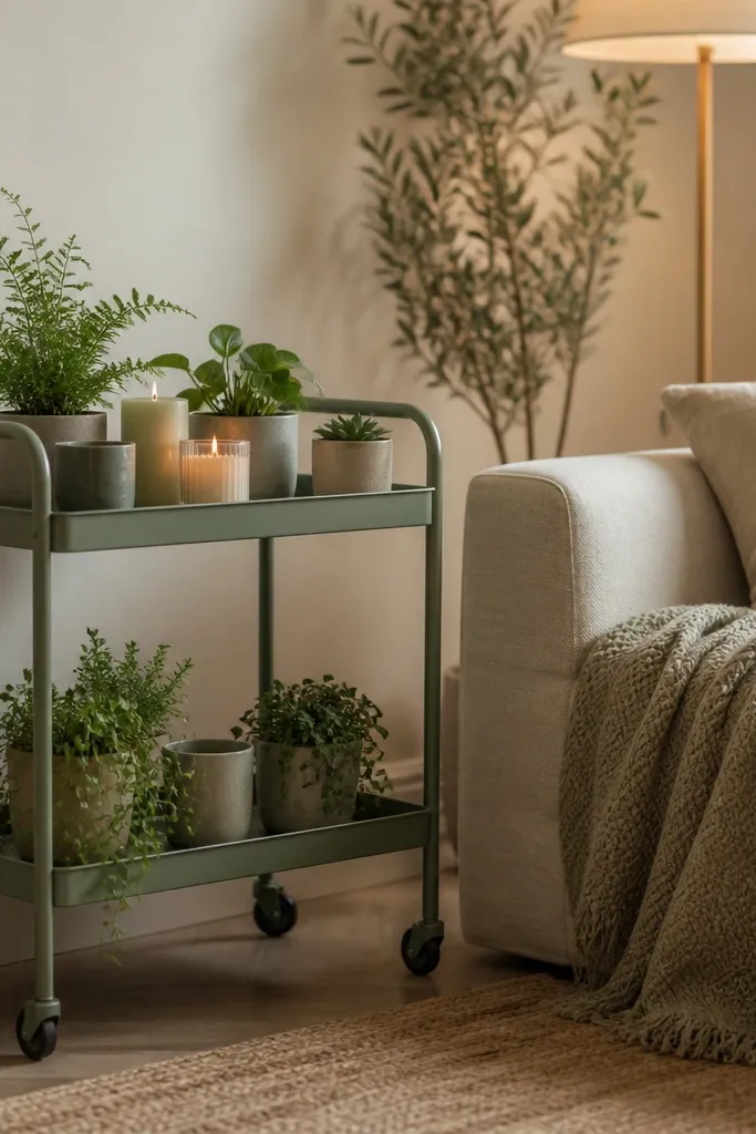 A sage bar cart in the living room holds small potted plants in matching ceramic cups. A couple of candles sit on the top shelf. The sofa is neutral and there's a textured throw. A warm lamp glows nearby, and the cart is positioned near a wall for easy styling.