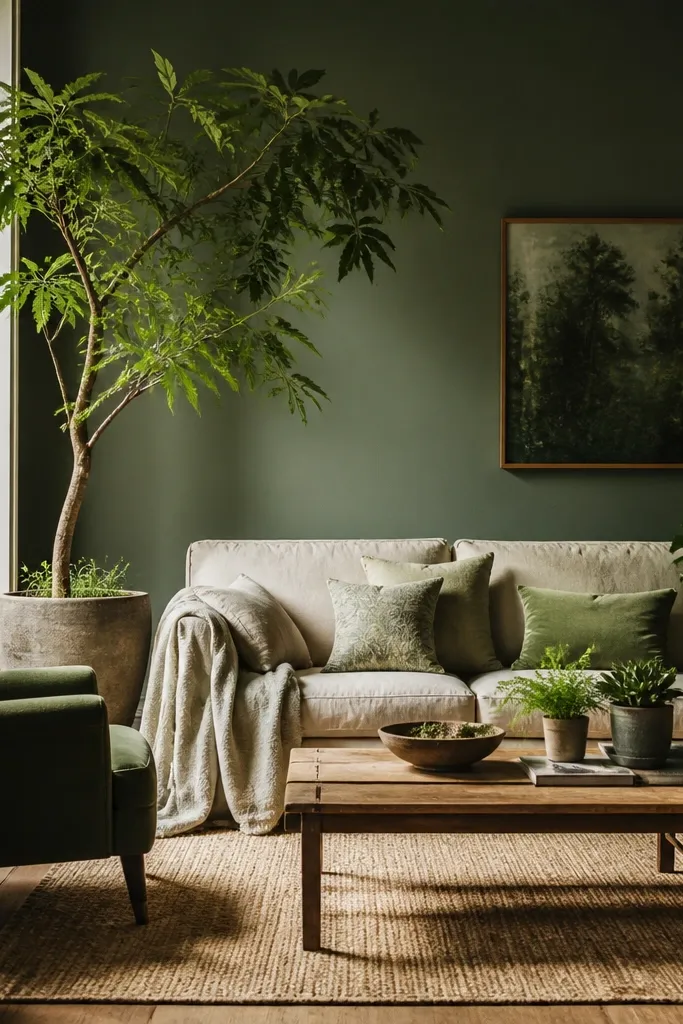 Cosy green living room ideas with plants