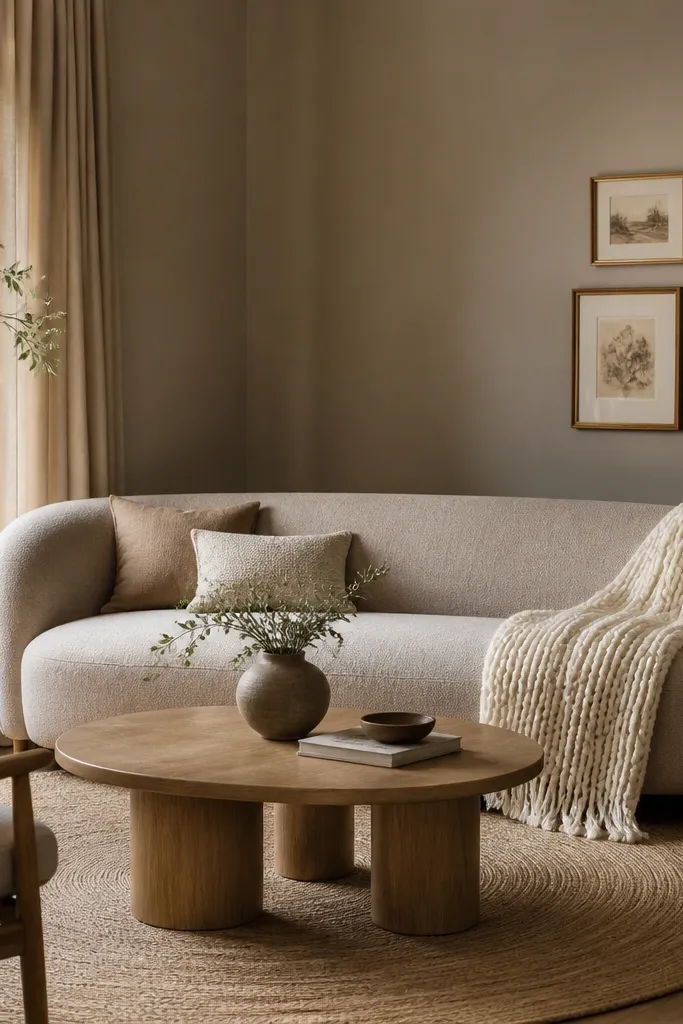 A living room with warm greige painted walls, an oatmeal-beige sofa with a slightly rounded shape, and a chunky cream wool throw draped over the right arm. A round jute rug sits under a light oak coffee table. Two small framed prints hang above a tall brass floor lamp with a linen drum shade.