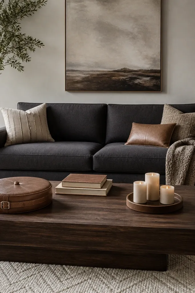 A charcoal grey sofa with clean lines sits against a light warm grey wall. There is a tan leather belt-like ottoman or ottoman tray, a small stack of books with a leather cover, and a cluster of three pillar candles on a tray atop a dark wood coffee table. A thick off-white rug with a subtle pattern anchors the seating area.