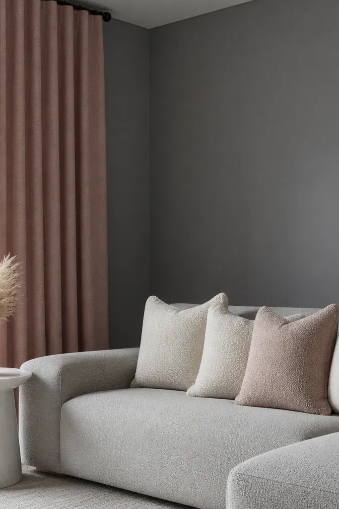 Slate grey walls with a slight cool tone. Floor-to-ceiling curtains in a soft blush-pink linen blend hang from a black track. On a light grey sofa, there are three boucle pillows in cream and one blush pillow. A white marble-look side table holds a small vase with dried pampas grass.