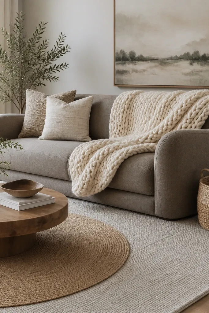 A warm grey sofa with rounded arms. An oversized chunky knit throw in cream is draped across the back. Two rugs overlap: a large light grey rug with a subtle weave and a smaller round jute rug under the coffee table. A small woven basket sits by the sofa.