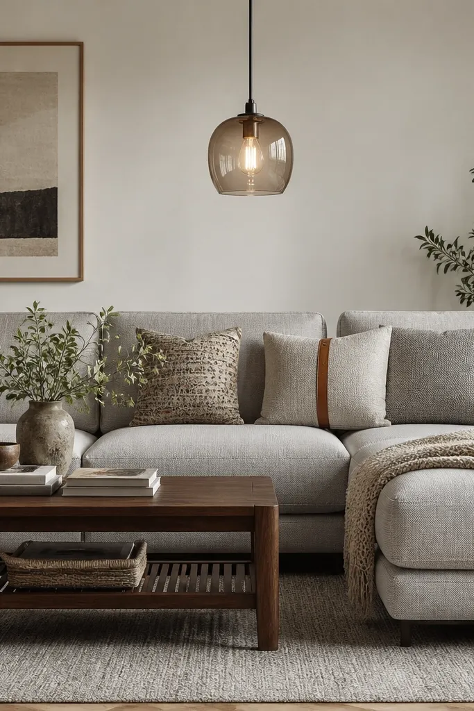 A light grey sofa with patterned cushions. One cushion has a cognac leather strap detail. The coffee table is dark walnut with a slatted shelf. A warm grey area rug sits beneath. Above, a simple pendant lamp with a warm glass shade hangs over the seating area.