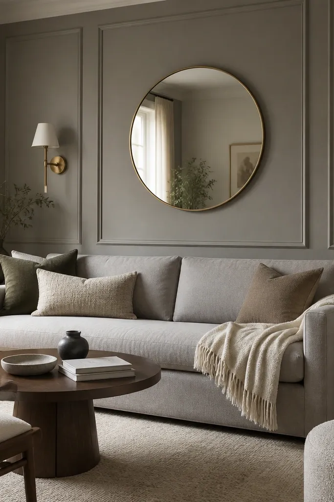 A living room with a panelled accent wall painted a warm grey. The sofa is a light grey fabric. Two brass wall sconces with cream shades flank the sofa. A round mirror with a thin brass frame hangs above the sofa. A neutral rug and a wool throw finish the look.