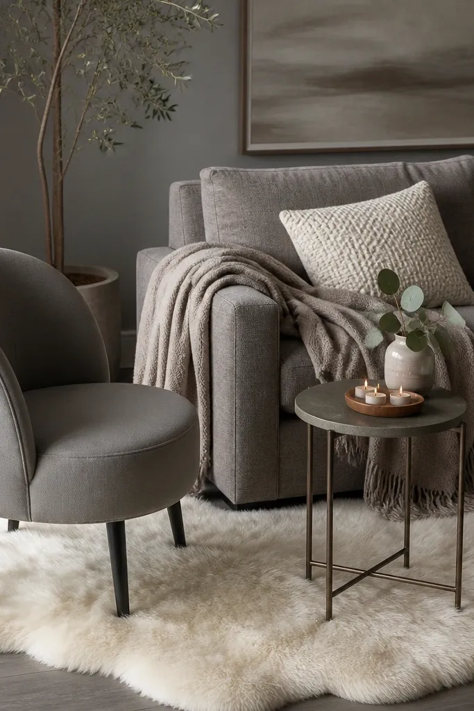 A grey living room corner with a small accent chair. A sheepskin rug in creamy white sits under a side table and chair legs. The sofa is warm grey. There's a taupe throw and a knit pillow, plus a small wooden tray with tea candles.